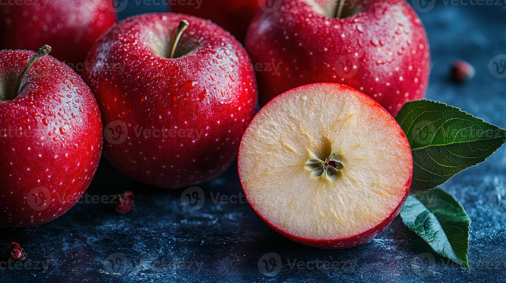 Fresh red apples, whole and halved, glisten with morning dew on a dark backdrop photo