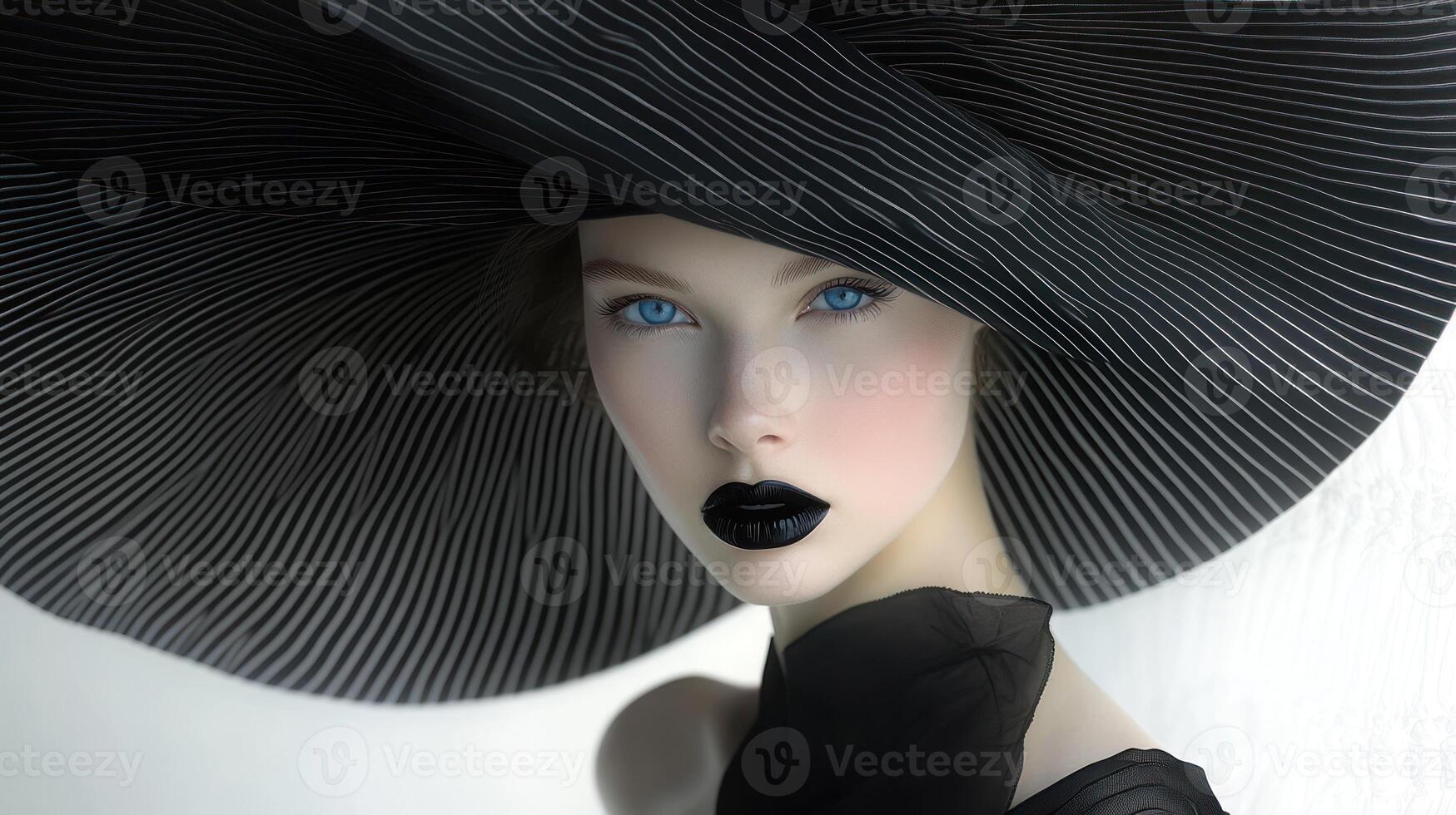 The figure displays bold makeup and an elegant black hat, radiating sophistication photo