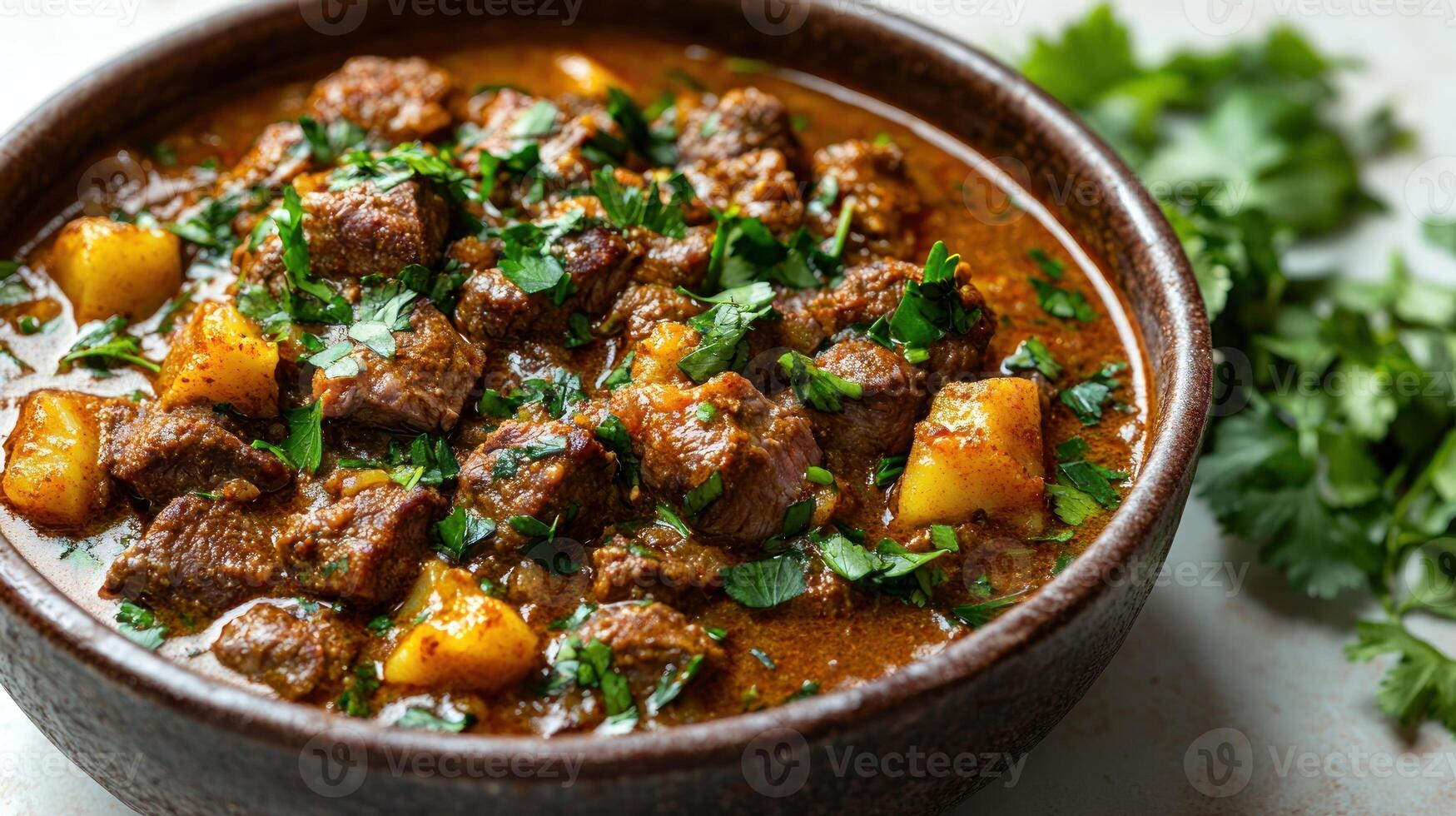 Savory beef stew with tender chunks of meat, potatoes, and vibrant herbs inviting warmth photo
