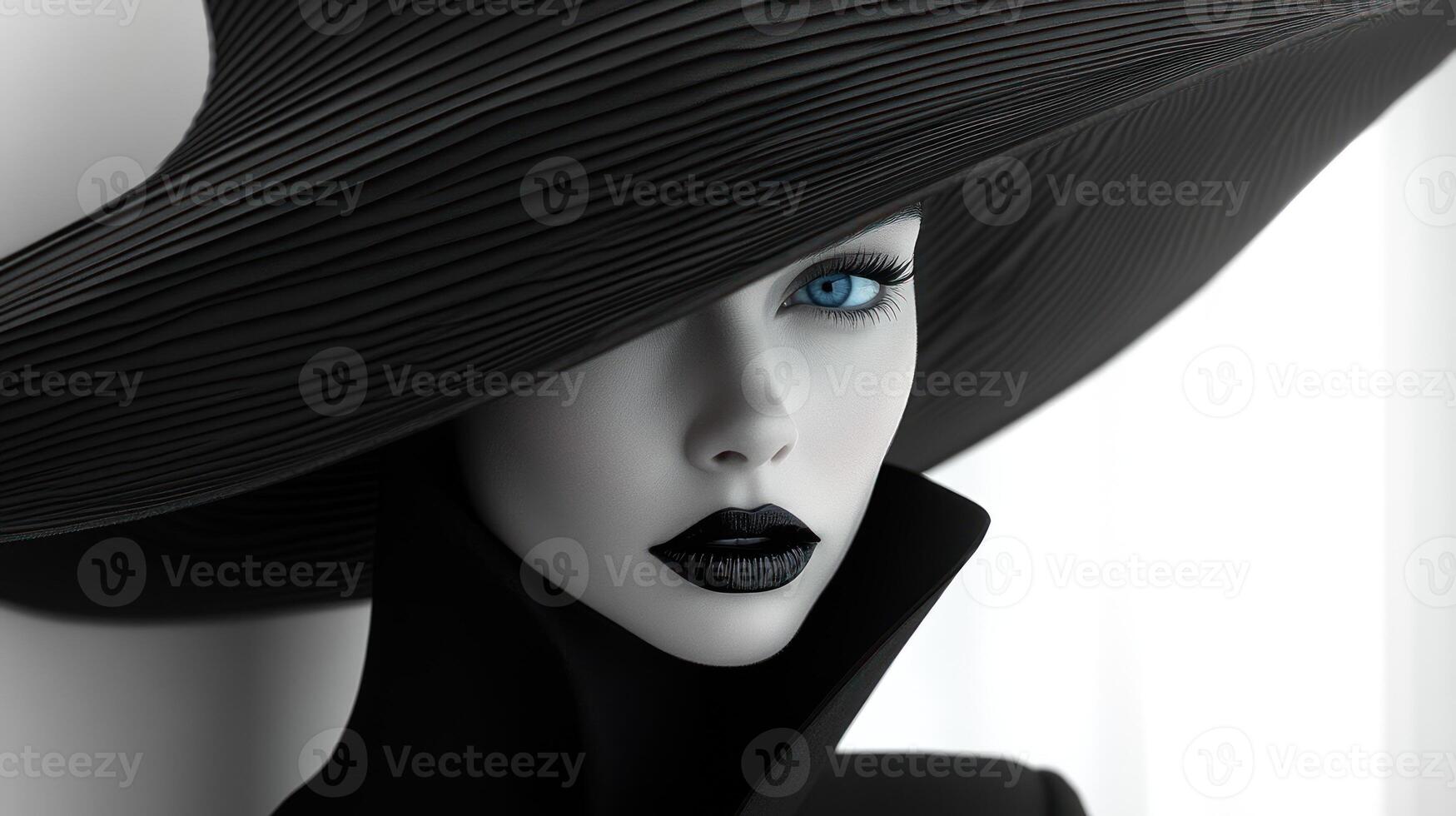 The striking mannequin showcases an elegant black hat and captivating makeup photo