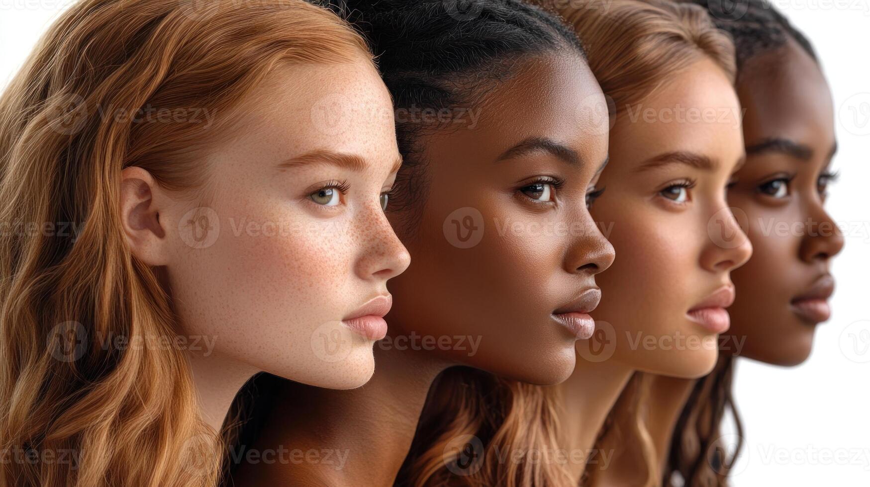Four individuals stand side by side, highlighting their distinctive profiles and features photo