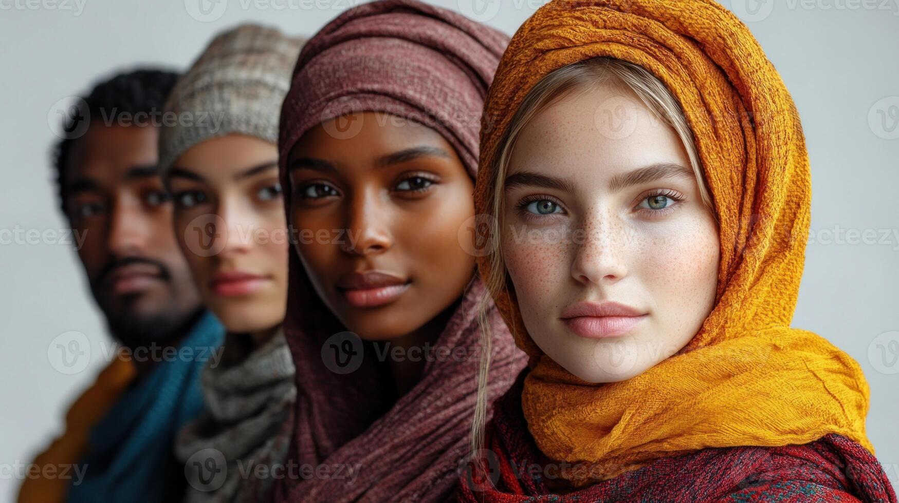 A harmonious display of friendship, with each person wearing uniquely colored headscarves photo