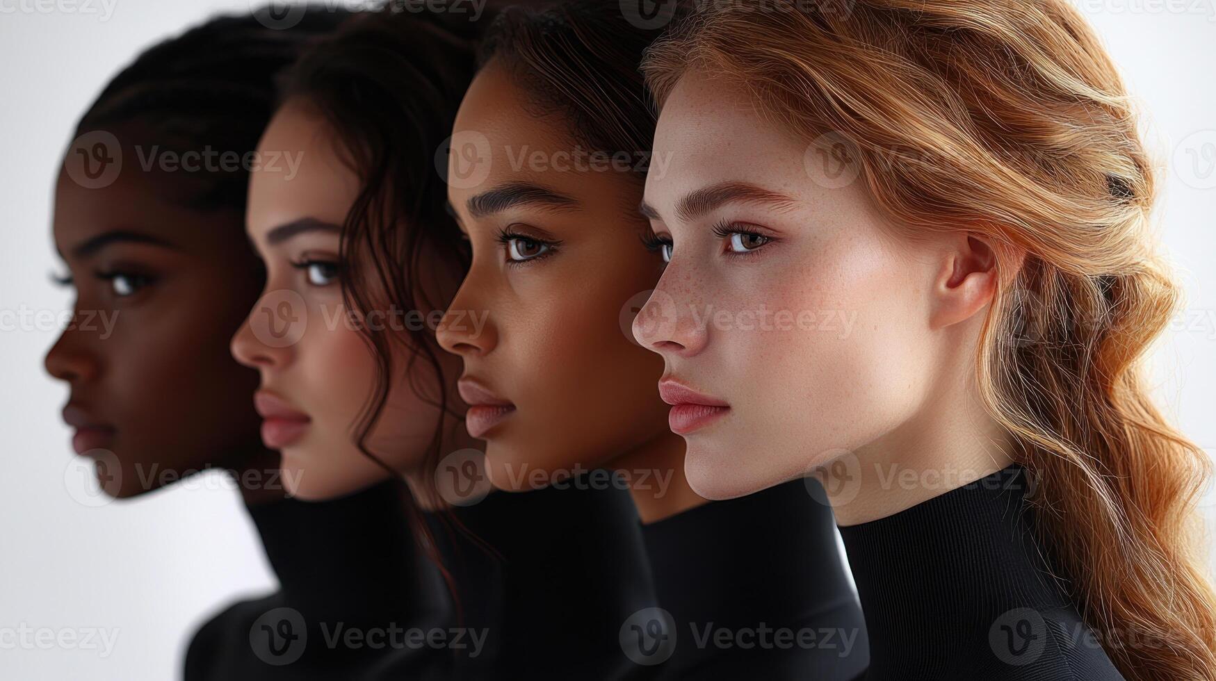 Four women model unique styles, highlighting diversity and elegance in a creative setting photo