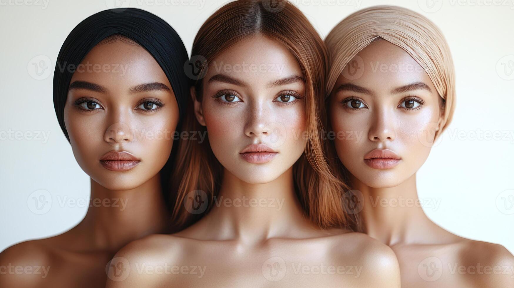 Three women stand together, showcasing unique beauty and fashion in headscarves photo