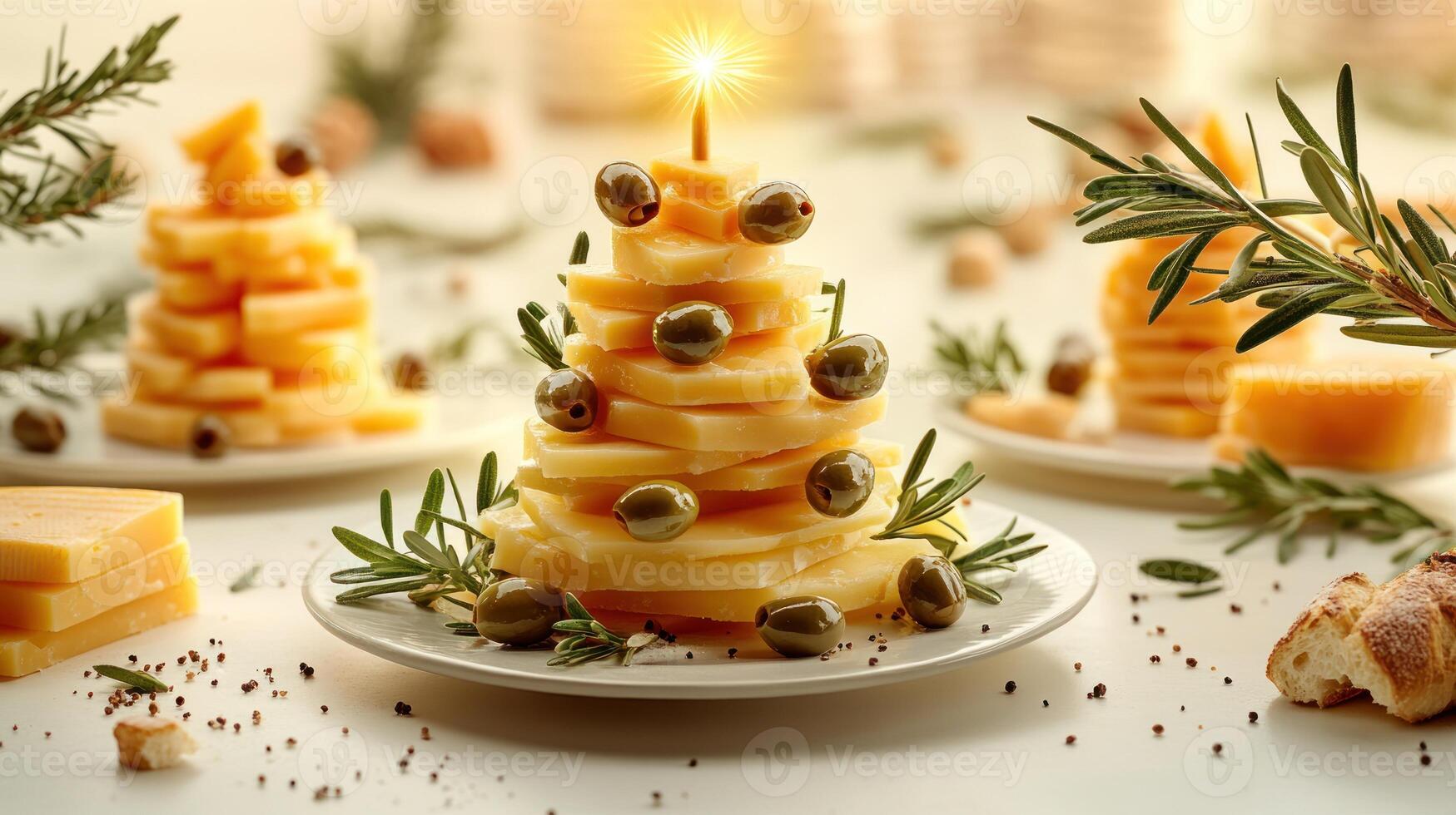 A delightful edible tree made of cheese slices and olives shines brightly alongside herbs photo