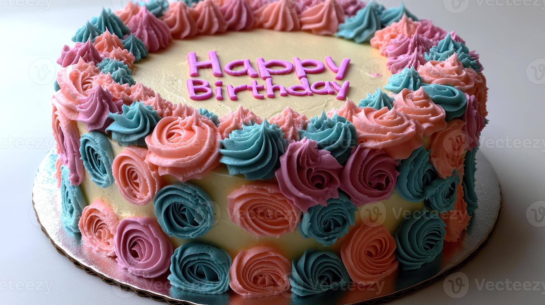 Colorful frosting roses adorn this delightful birthday cake for a joyful celebration photo