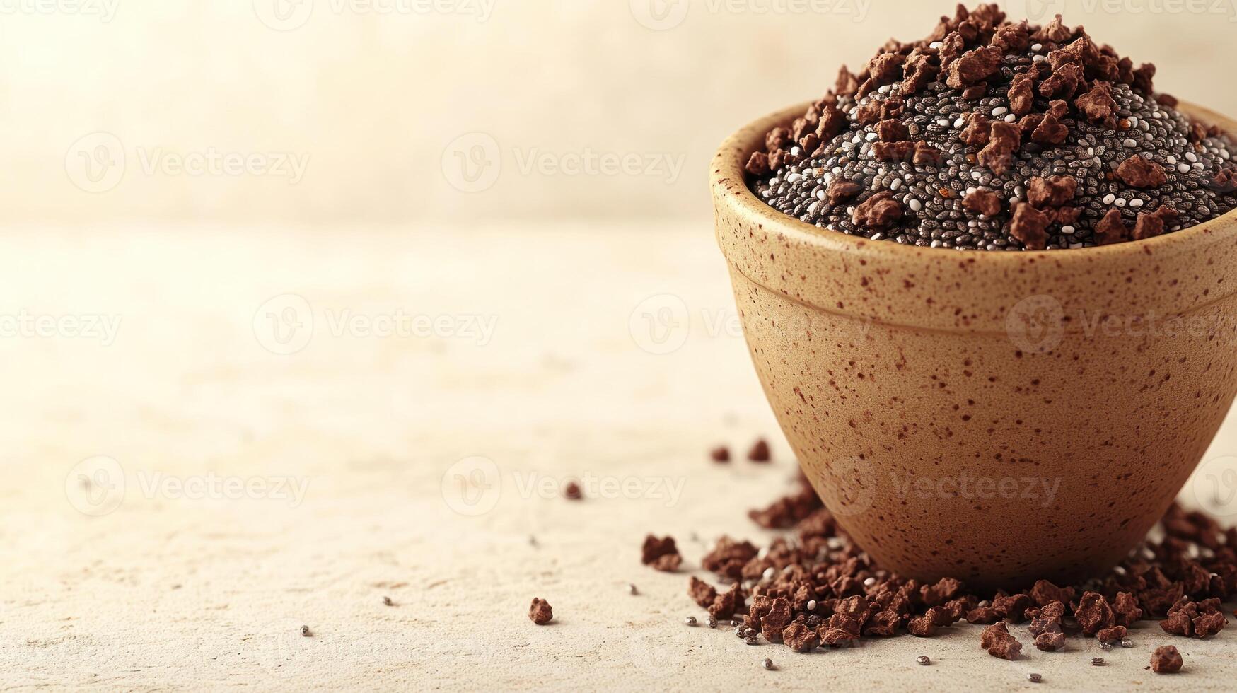 Chia seeds cascade from a rustic pot, emphasizing their rich texture and earthy charm photo