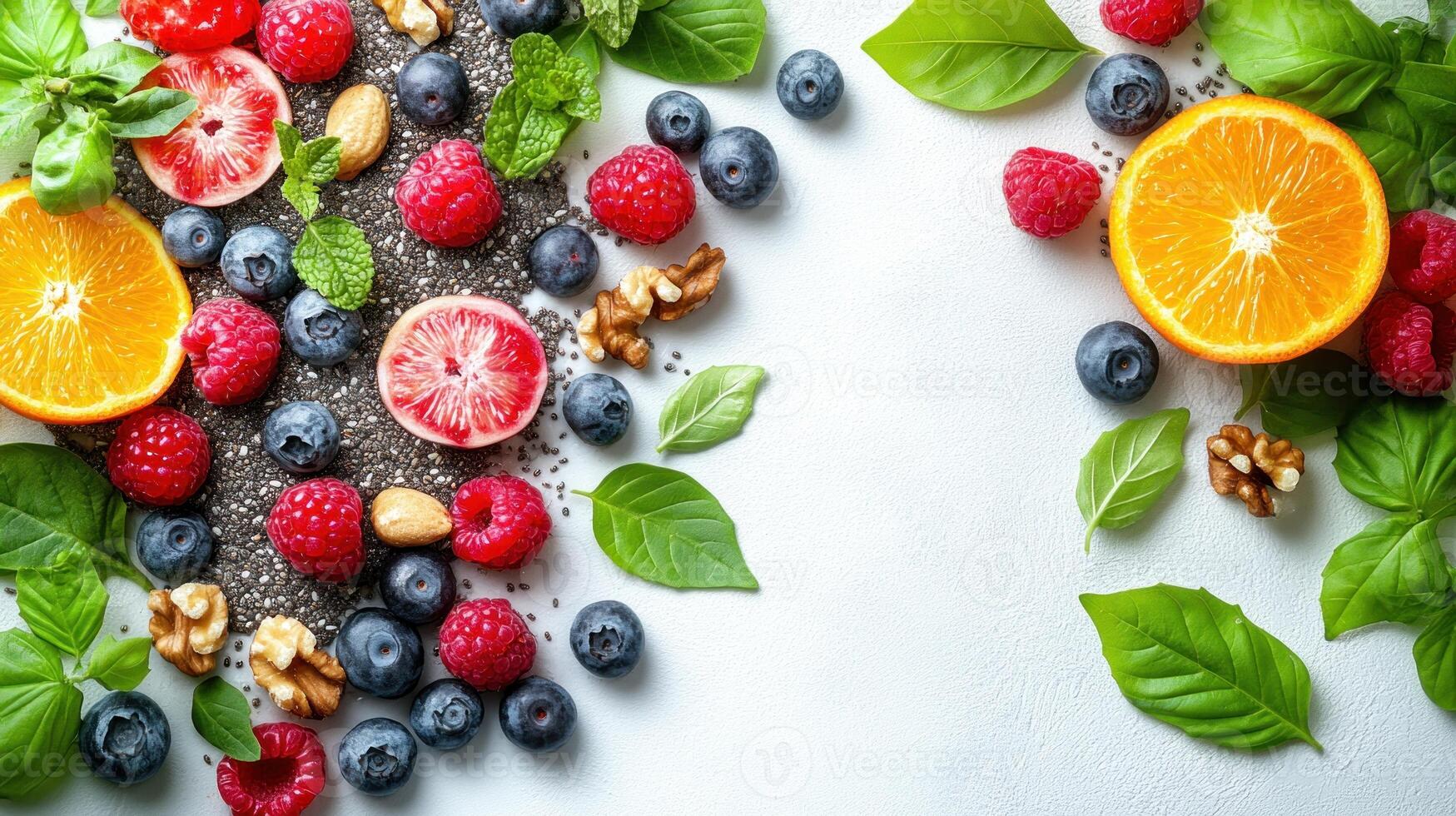 Colorful fruits and nuts artfully displayed on a bright surface photo
