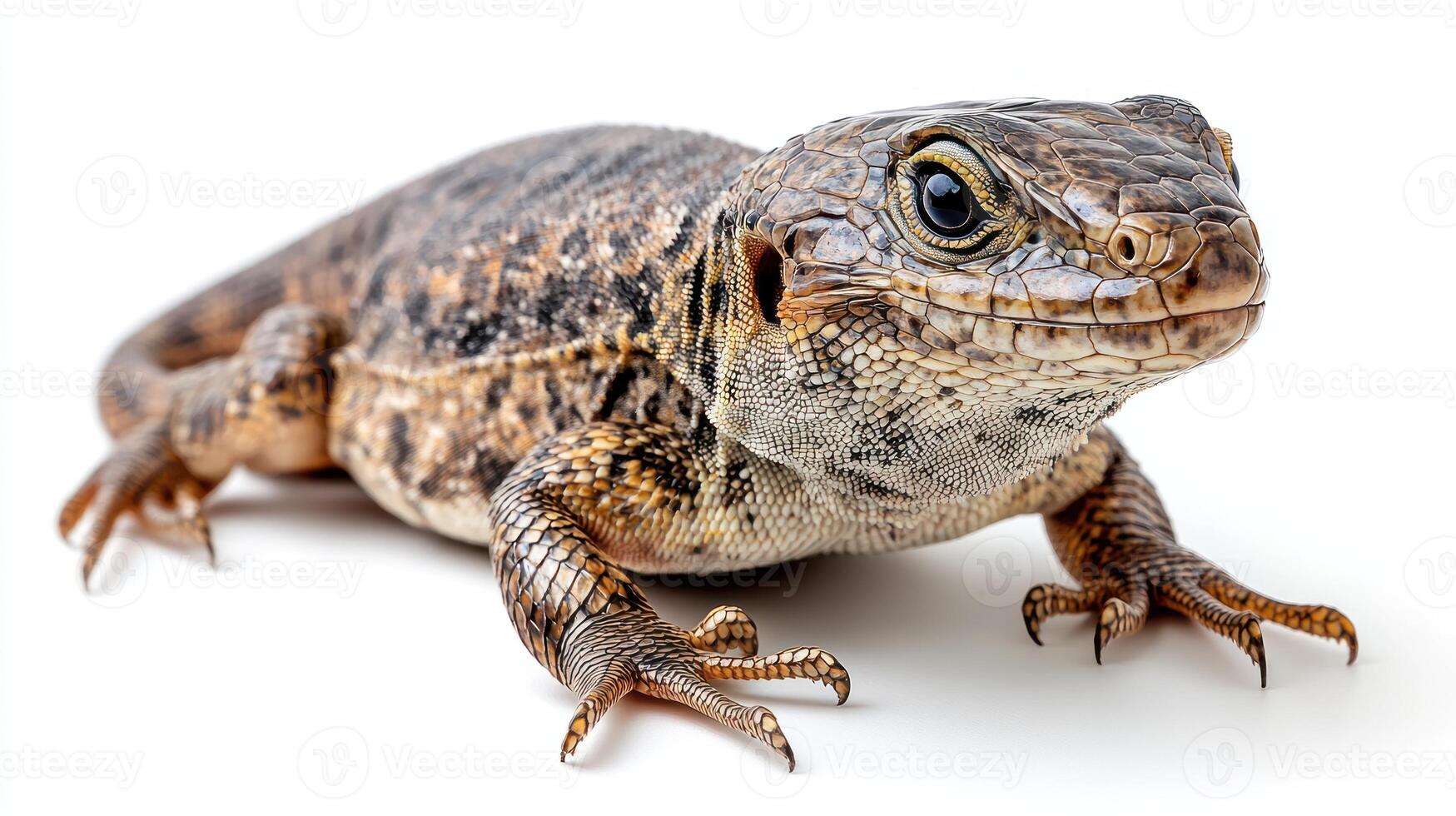 A vibrant lizard displays its intricate patterns while nestled on a clean surface photo