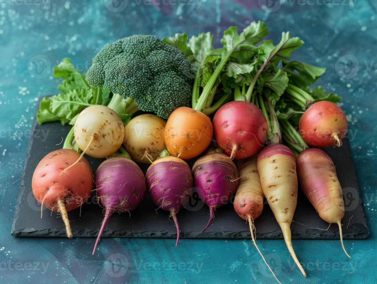 A colorful assortment of root vegetables and broccoli photo