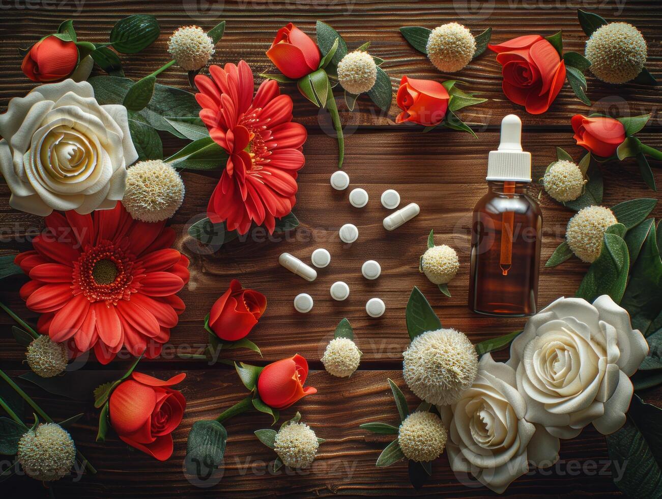 A captivating arrangement of flowers and essential oils on a rustic wooden surface photo