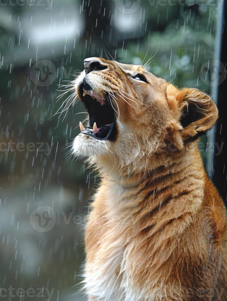 A lioness roars in the rain, with a dramatic backdrop of falling water photo