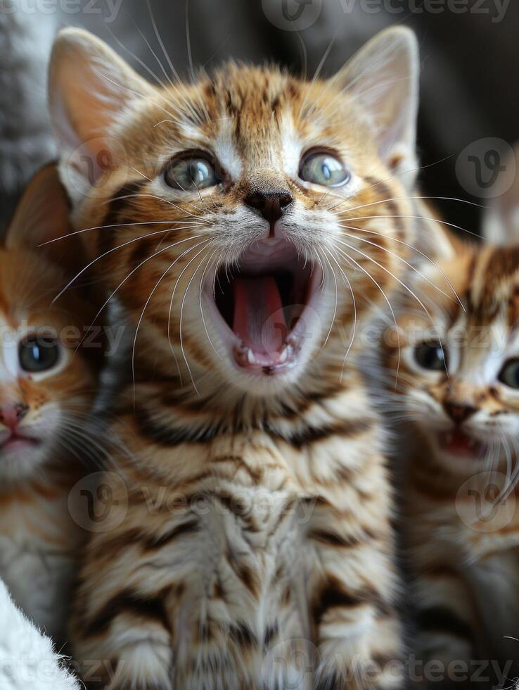 Three adorable Bengal kittens play together on a soft, furry surface photo