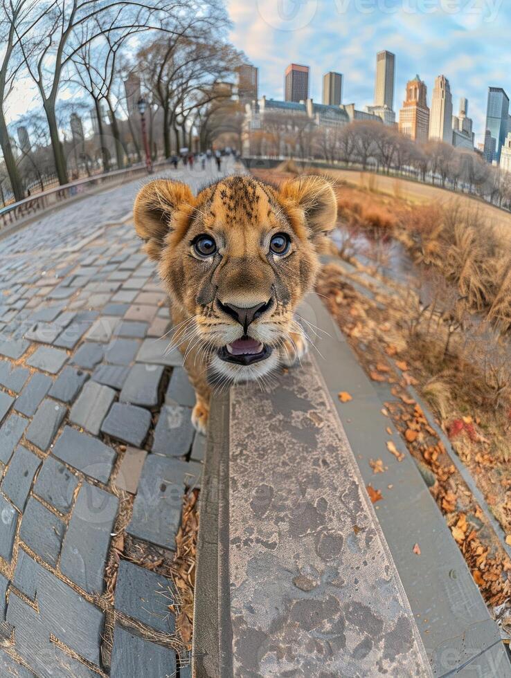 A curious lion cub explores the city, peering over a wall with a playful expression photo