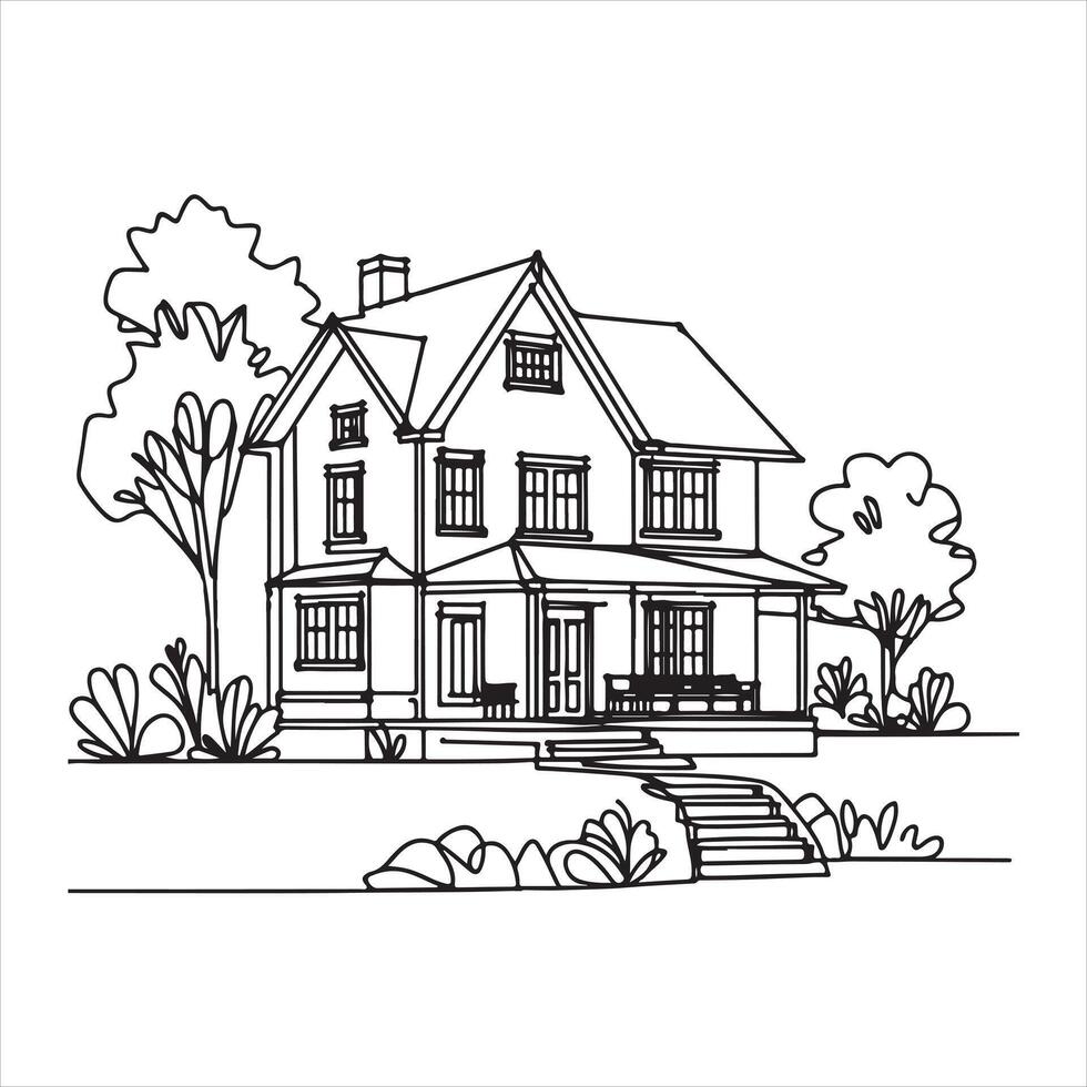 Continuous one line drawing residential country house. House against the backdrop of nature silhouette on white background vector