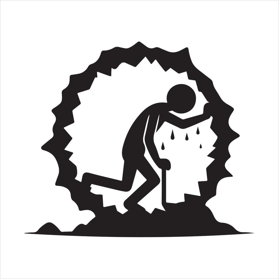 An illustration of a silhouette of a stickman exhausted while emerging from a hole silhouette white background vector