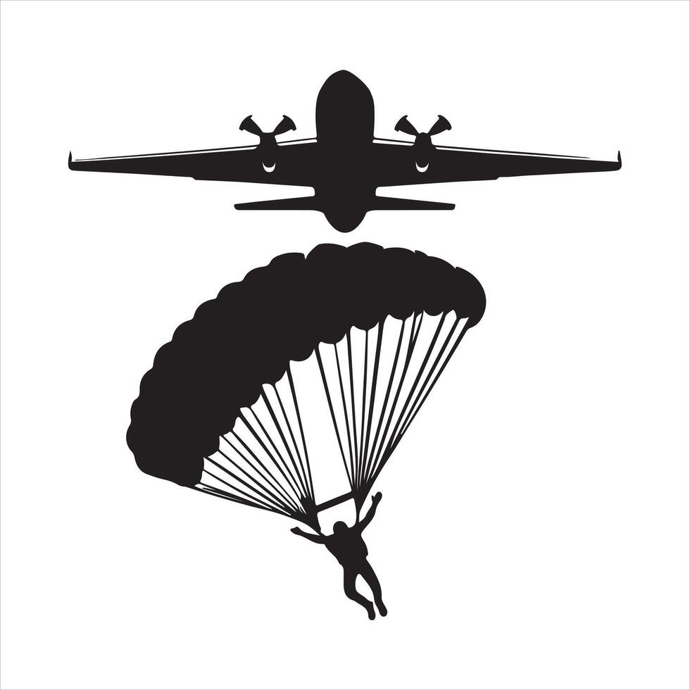 An illustration of a silhouette of a stickman parachuting from an airplane silhouette white background vector