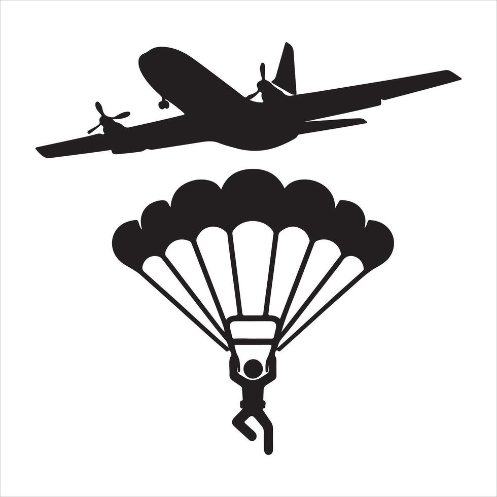 An illustration of a silhouette of a stickman parachuting from an airplane silhouette on white background vector