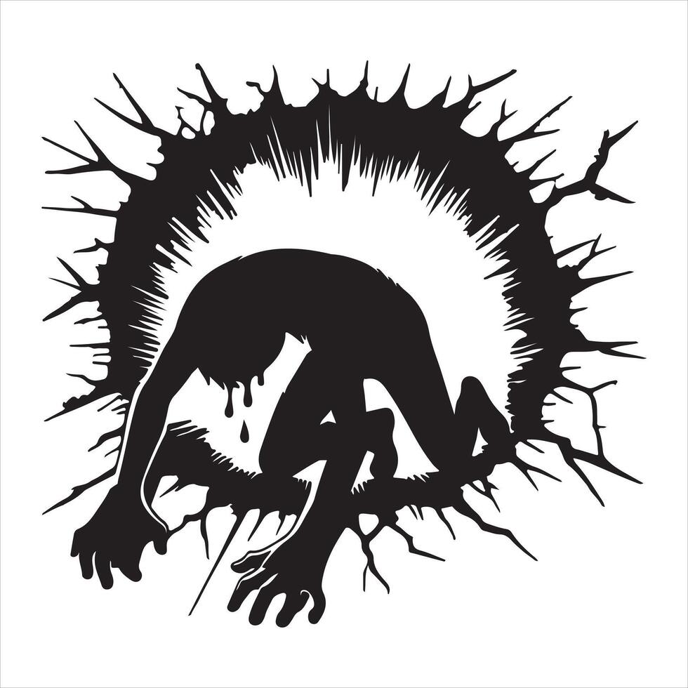 An illustration of a silhouette of a stickman exhausted while emerging from a hole silhouette on white background vector