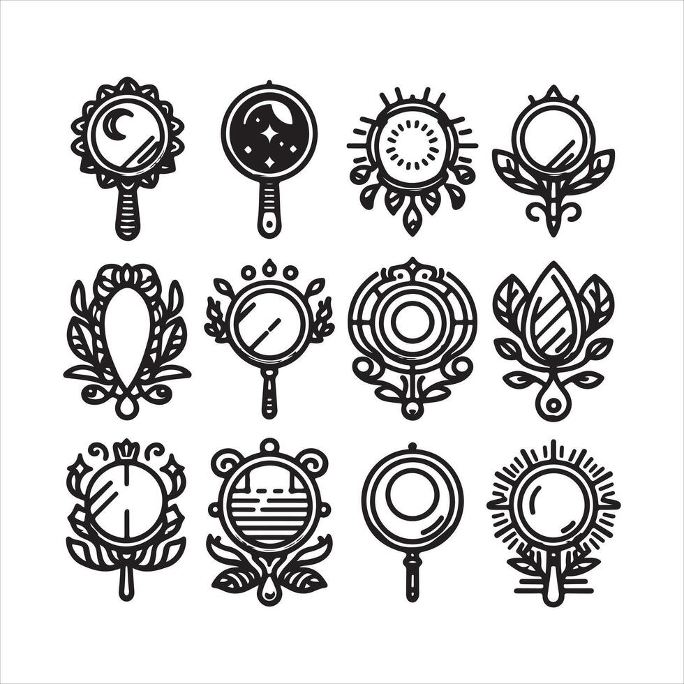 Silver Mirror Line Art Icon Set silhouette white background vector