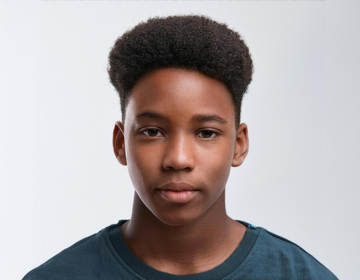 Close Up Portrait of African Teenager with Defined Defined Defined Soft Curly Braids on White Background photo