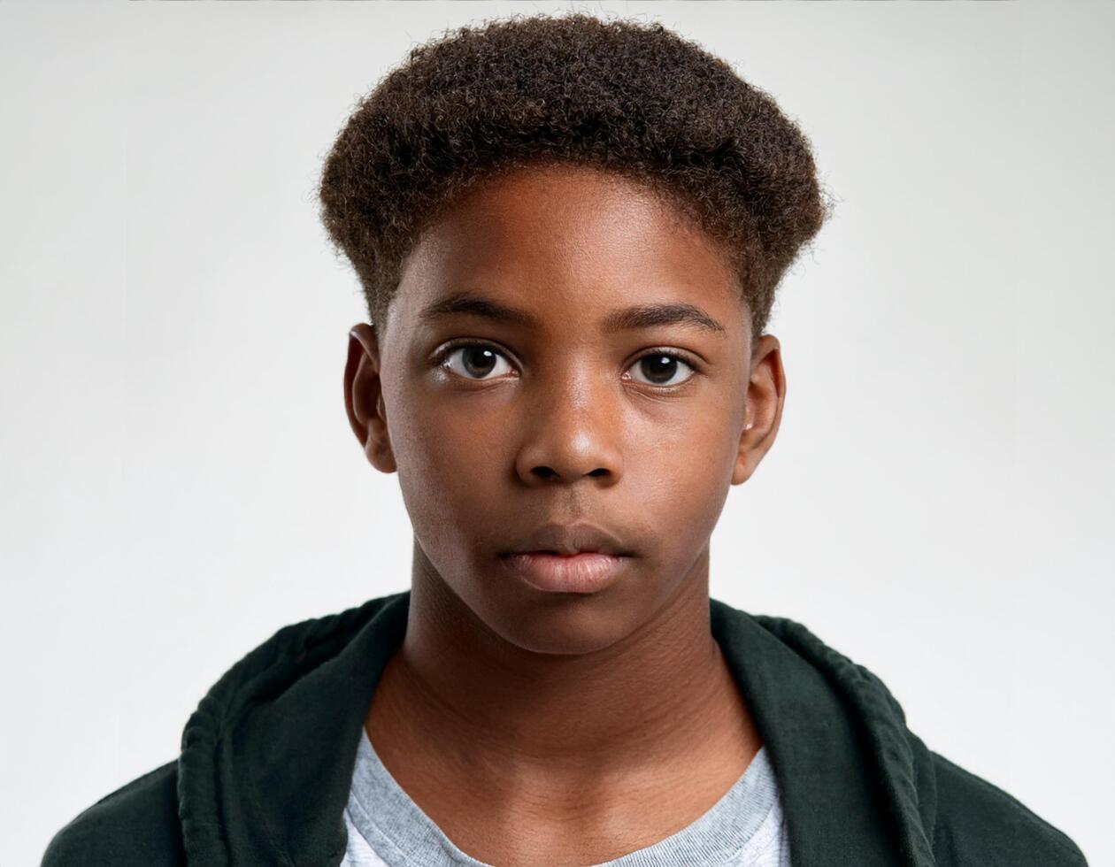 Portrait of African Teenager with Defined Waves and Expression on White Background photo