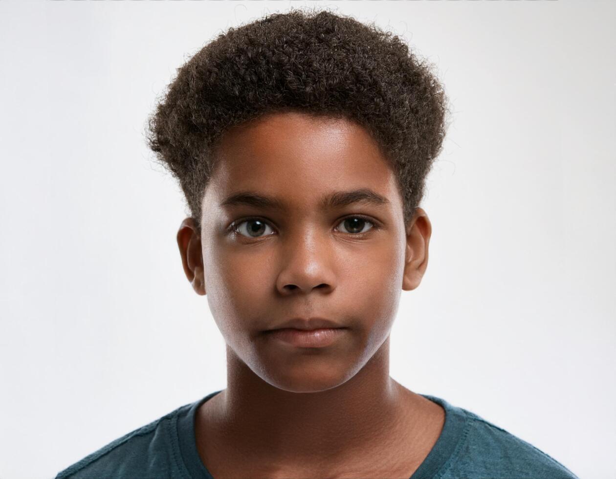 Portrait of African Teenager with Defined Curls and Expression on White Background photo