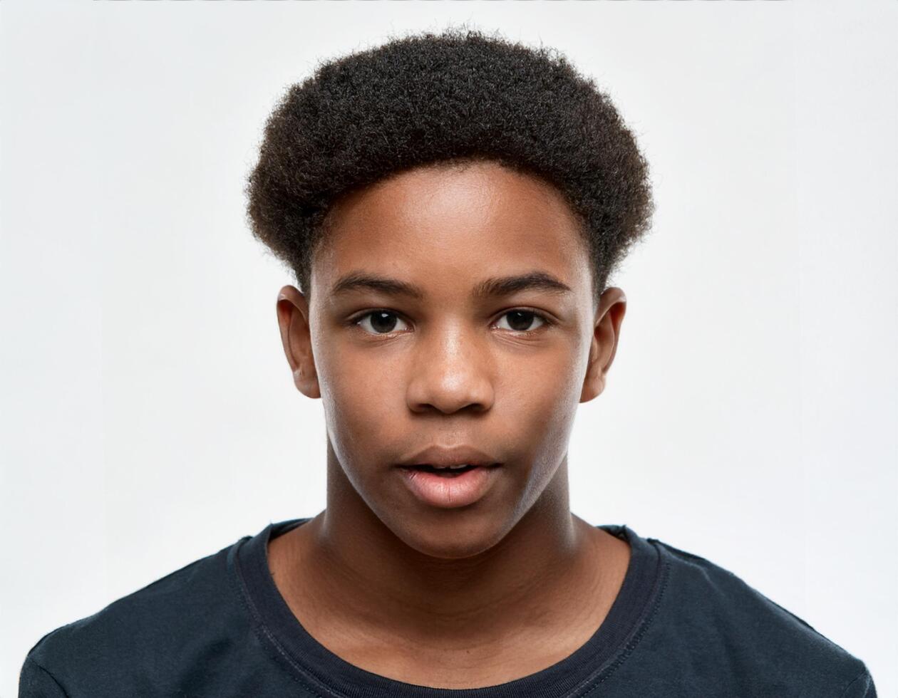 Studio Portrait of African Teenager with Defined Curls and Expression on White Background photo