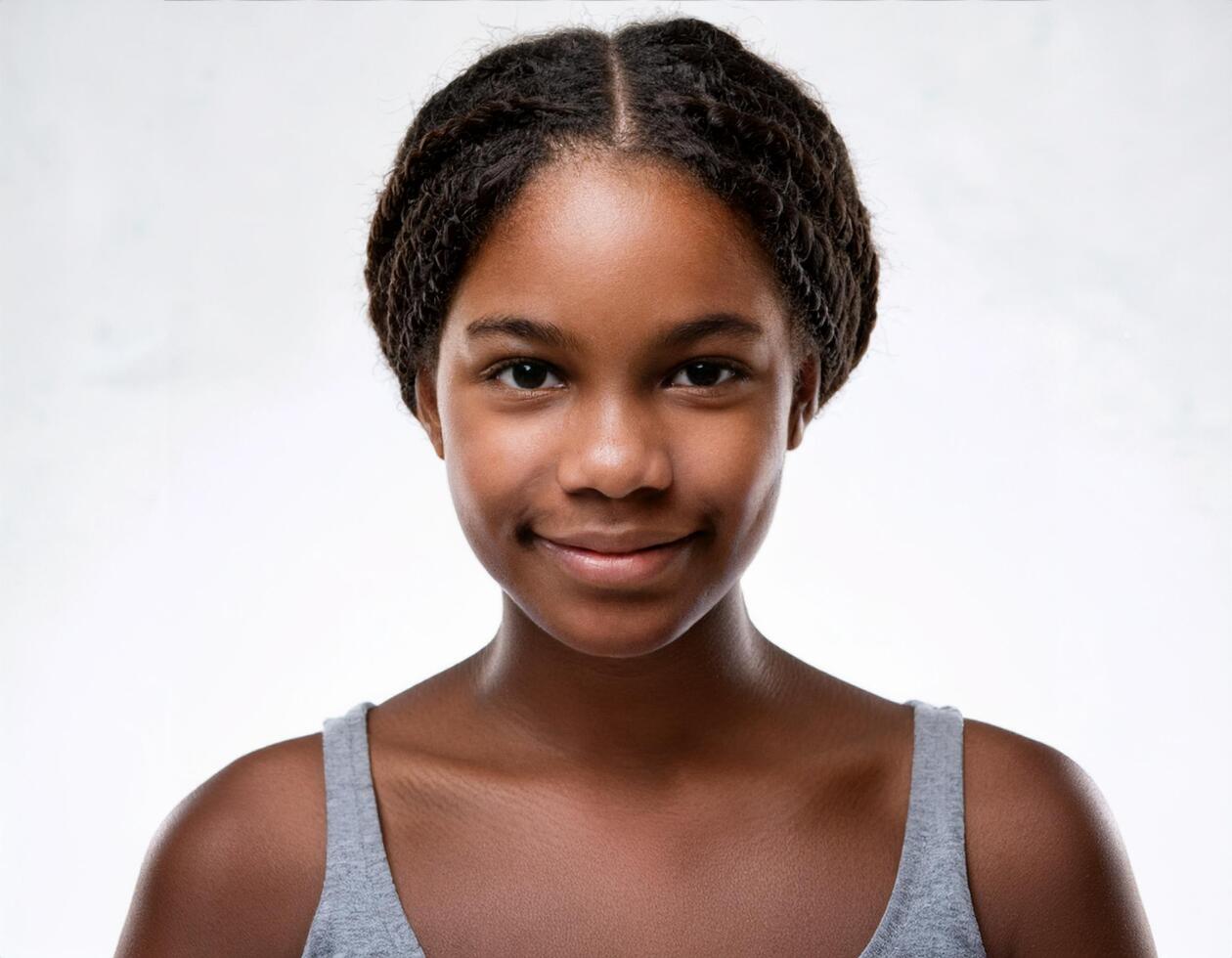 Close Up Portrait of African Teenager with Loose Waves and Expression on White Background photo