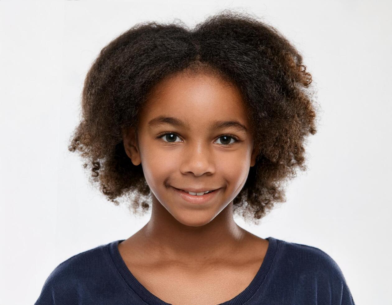 Portrait of African Teenager with Layered Curls and Expression on White Background photo