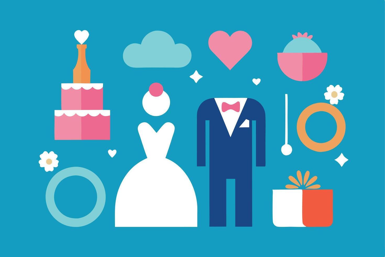 Wedding Celebration Cake, Rings, Bride, Groom, Love, Gift vector
