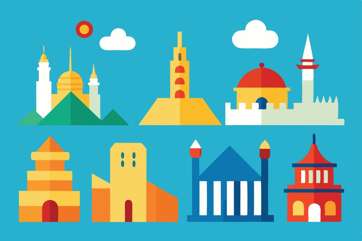 World Architecture Iconic Buildings, Diverse Styles, Colorful Designs vector