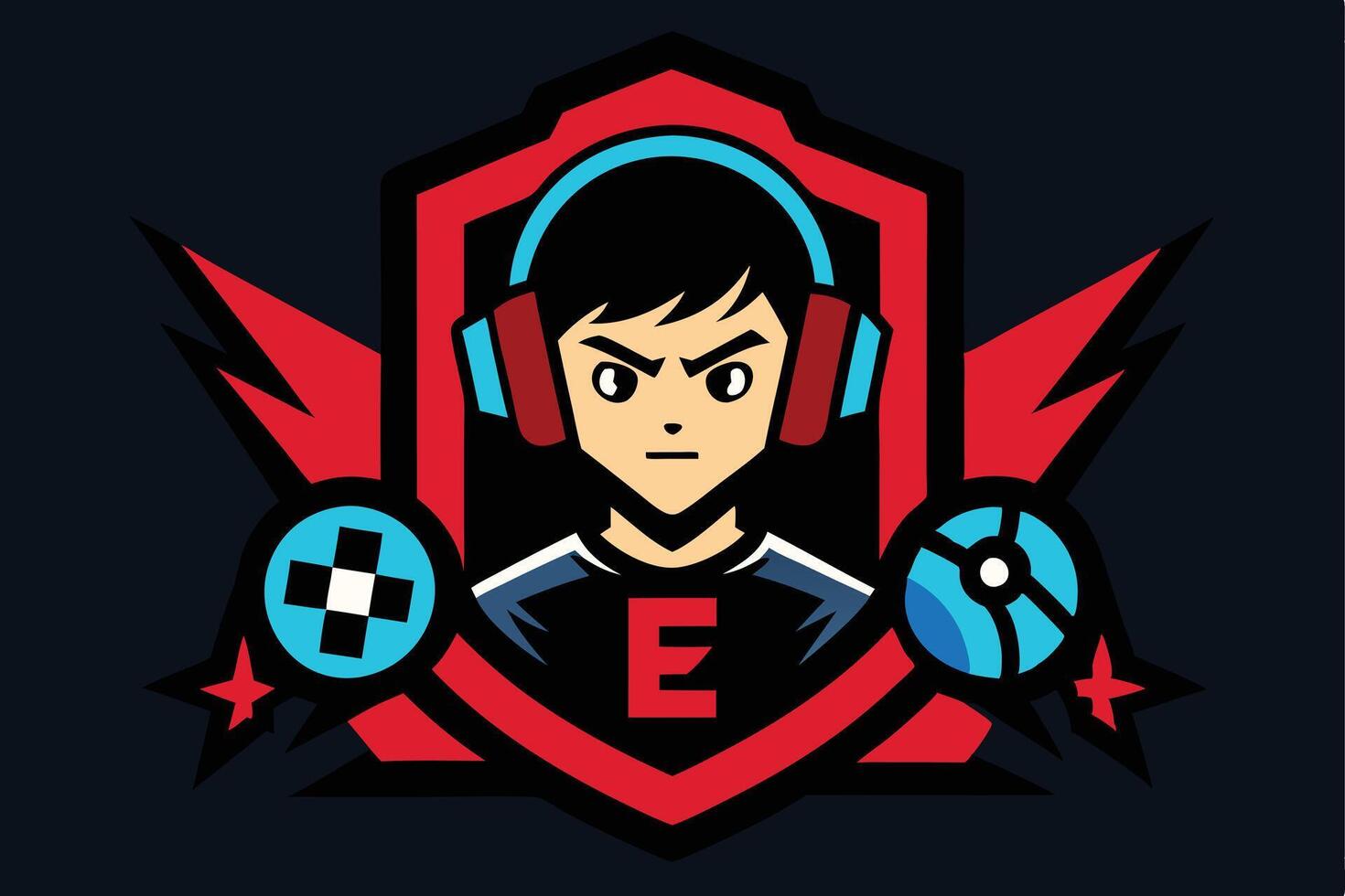Esports Gamer Mascot Logo Design Red Shield, Headphones, Controller vector