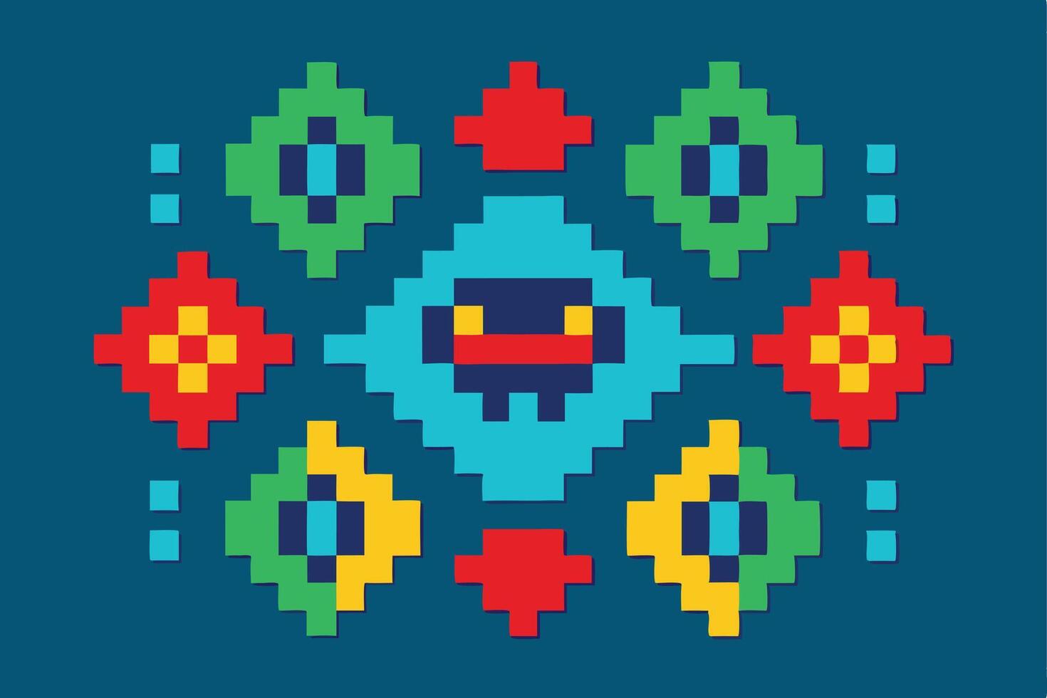 Pixelated Folk Art Design Colorful Geometric Shapes and Retro Spaceship vector