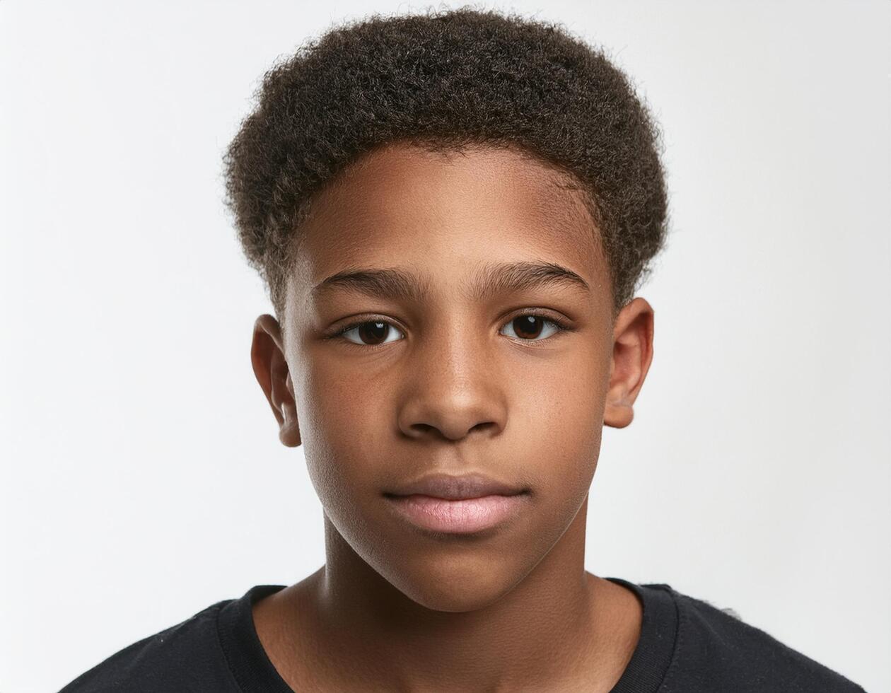 Portrait of African Teenager with Short Curly Hairstyle on White Background photo