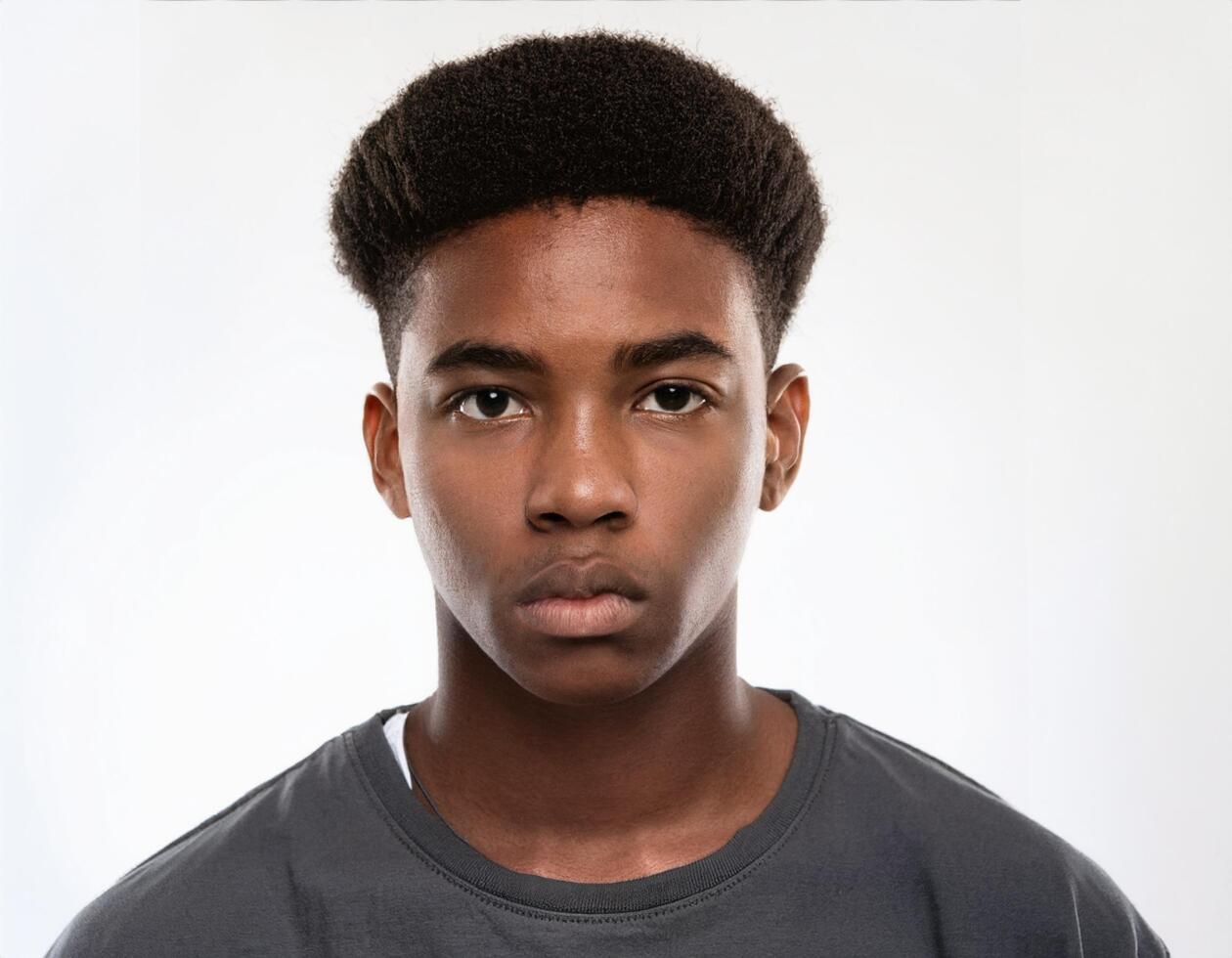 Close Up Portrait of African Teenager with Defined Shaved Curls on White Background photo