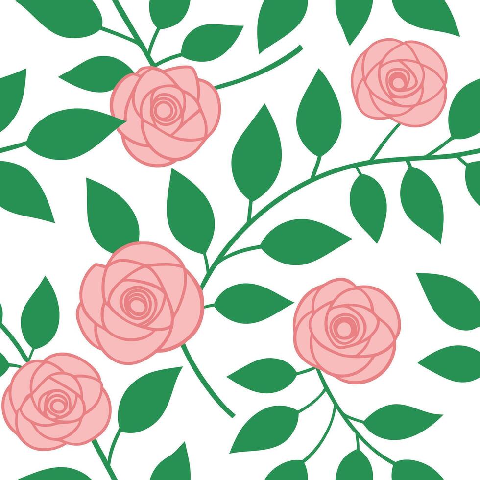 Pink Roses, Green Leaves, Floral Pattern, Seamless Design, Botanical Illustration, Spring Flowers, N vector