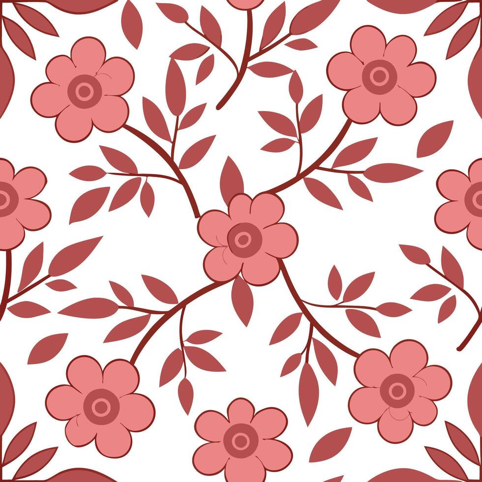 Seamless Pink Flower Pattern Red Leaves, Branches, Floral Design vector