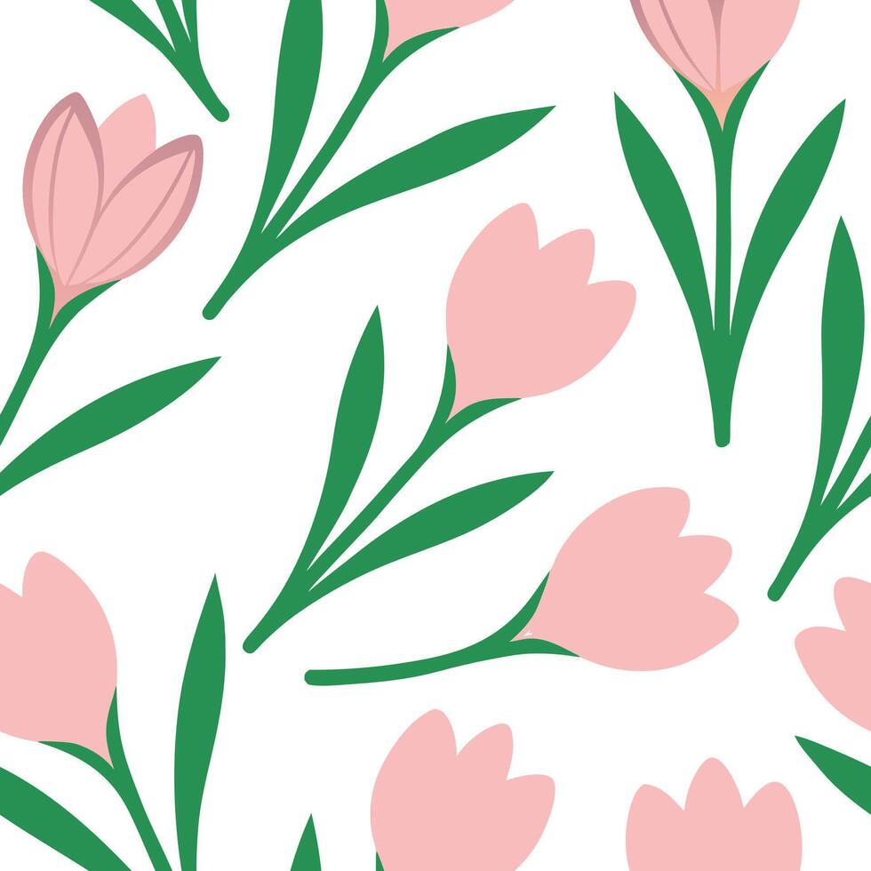 Pink Crocus Flowers Seamless Pattern Spring Floral Design vector