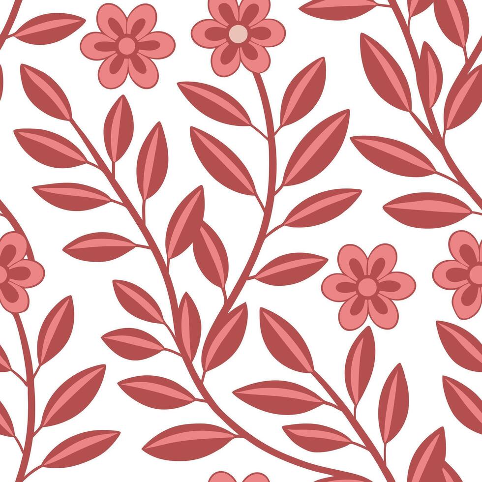 Seamless Red Floral Pattern Elegant Leaves and Flowers Design vector