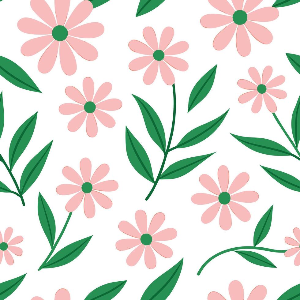 Pink Daisy Flowers Seamless Pattern Green Leaves Floral Design vector