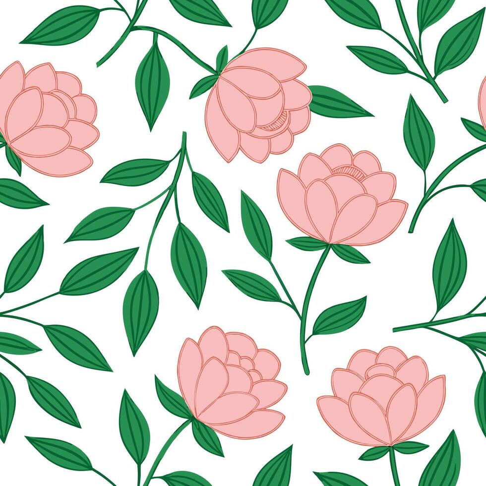 Pink Peonies Floral Seamless Pattern Green Leaves Botanical Design vector