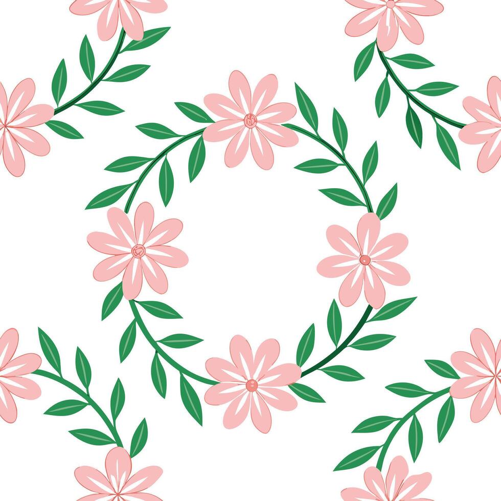 Pink Flowers, Green Leaves, Seamless Floral Pattern, Spring, Botanical, Nature, Elegant, White Backg vector
