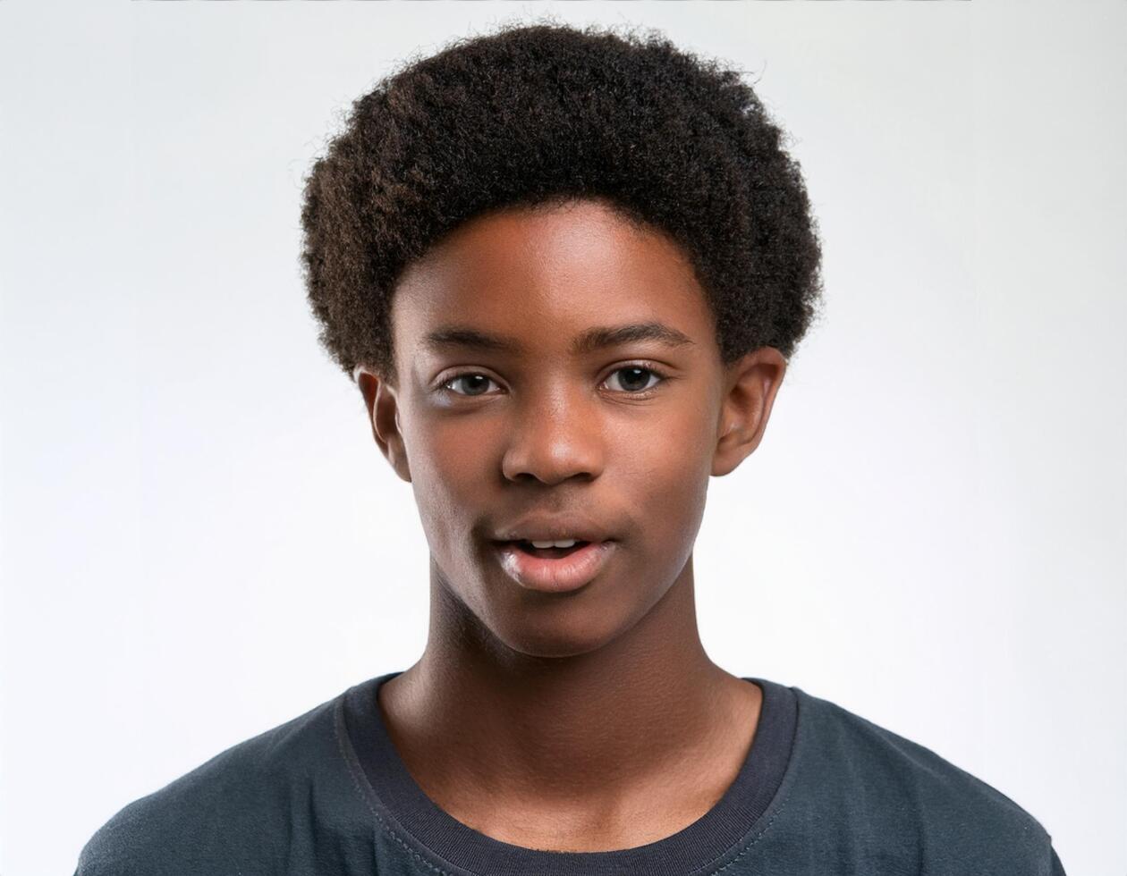 Portrait of African Teenager with Defined Long Waves and Expression on White Background photo