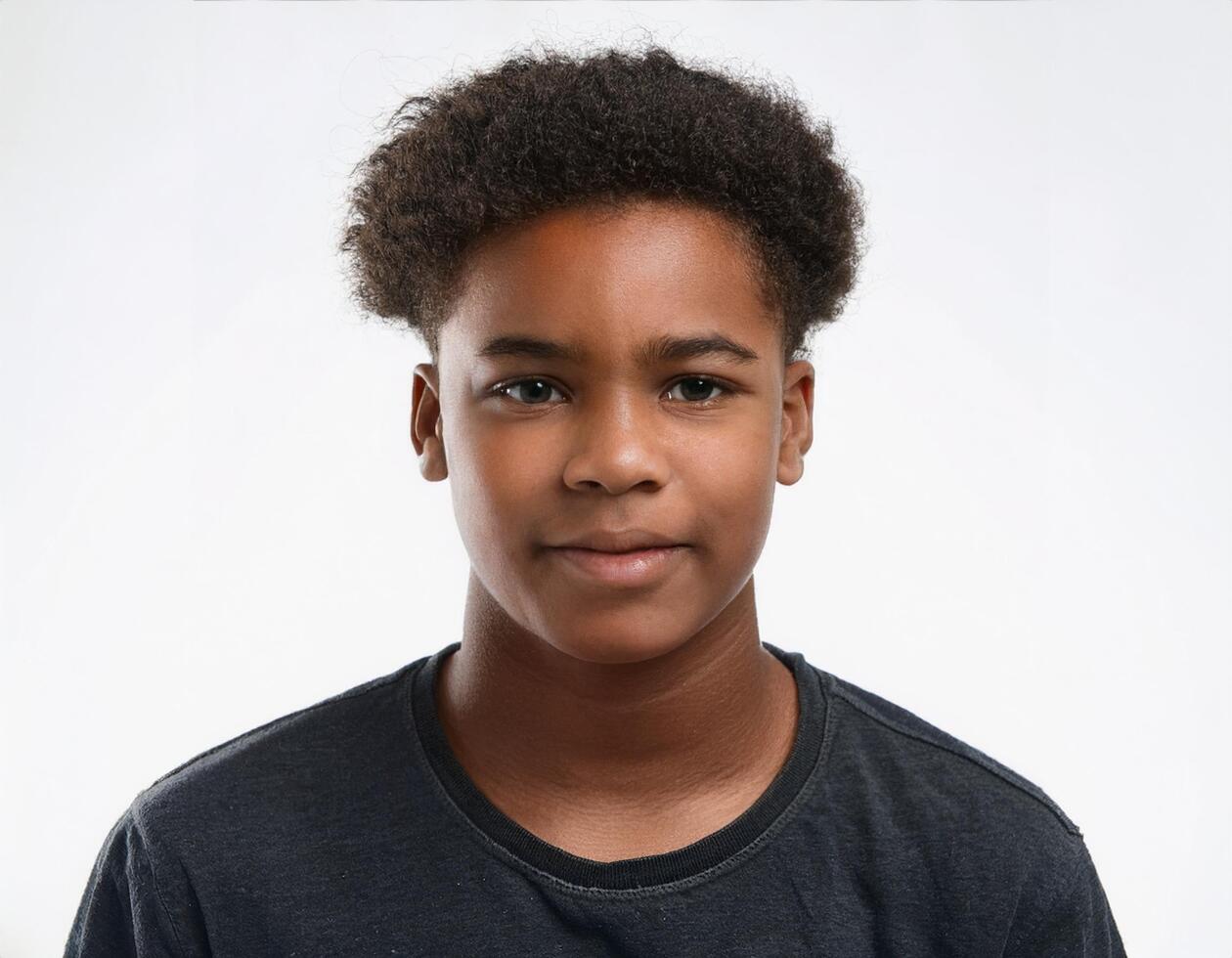Portrait of African Teenager with Defined Shaggy Curls on White Background photo