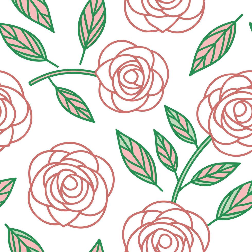 Pink Camellia Flower Seamless Pattern Green Leaves Botanical Design vector
