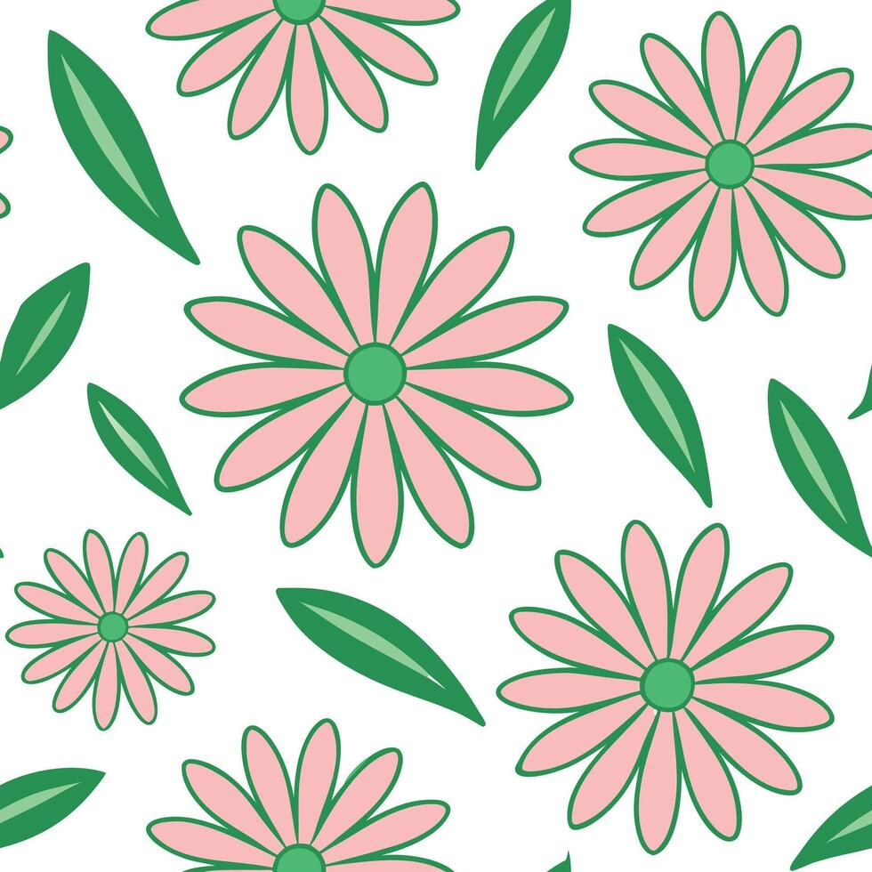 Pink Flowers Green Leaves Seamless Pattern Design Illustration vector