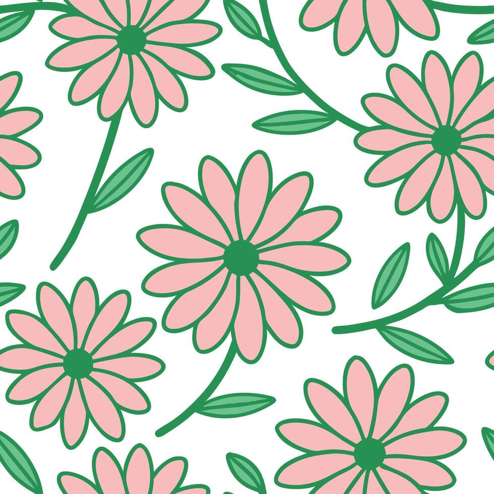 Pink Daisy Flower Seamless Pattern Green Leaves Botanical Print vector
