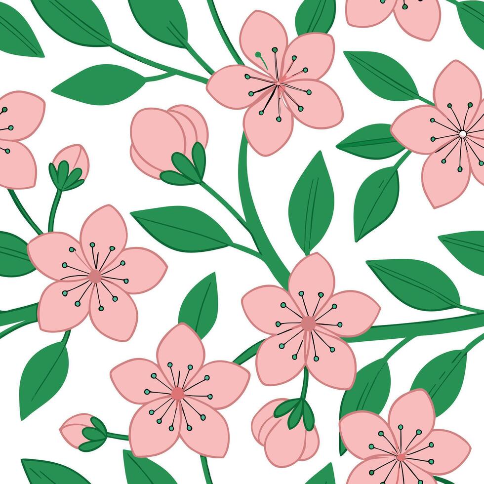 Pink Blossom Cherry Flowers Branch Seamless Pattern Design vector