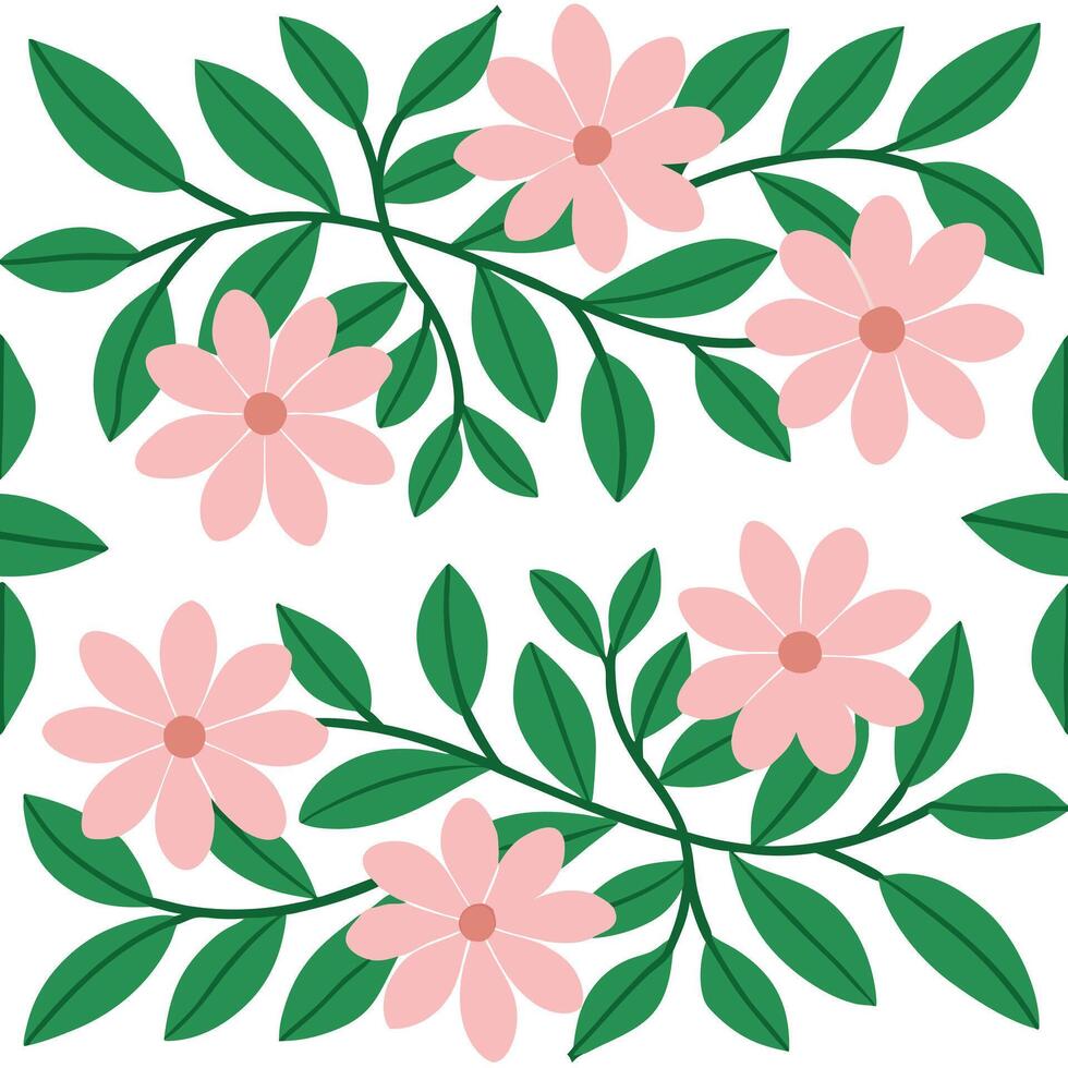 Pink Flowers Green Leaves Botanical Floral Pattern Design vector